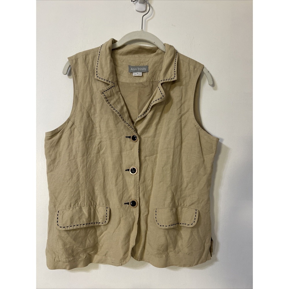 Ann Trinity‎ Size M Sweater Vest Top button Up Brown Linen Blend Lined